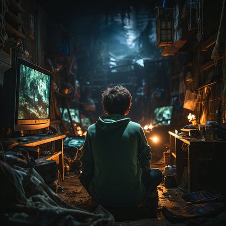 Concept of gaming addiction, featuring back view of a boy sitting in a dark room, lit by the glow of a screen. Capturing immersive nature of excessive gaming and its potential risksの素材