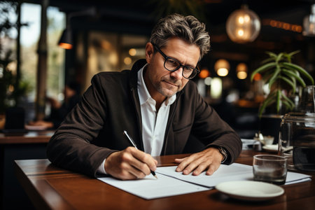 Satisfied young man with glasses sitting at a desk and doing paperwork at his workplaceの素材