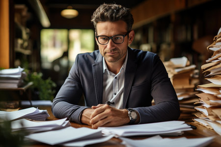 Satisfied young man with glasses sitting at a desk and doing paperwork at his workplaceの素材