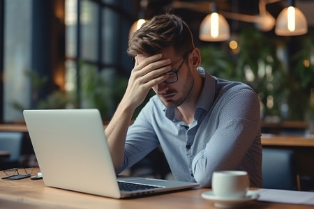 Stressed business man sitting at office workplace. Tired and overworked student man. Young exhausted men in stress working on laptop computerの素材