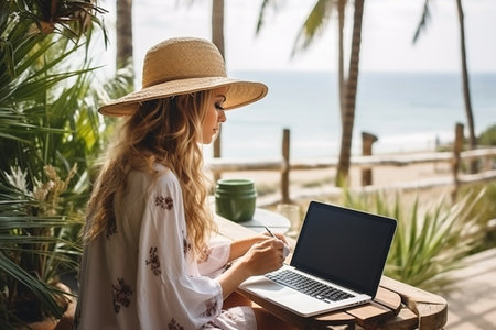 Young woman using laptop computer on beach, freelancer girl working remote, Freelance work, online learning, distant work, connection conceptの素材