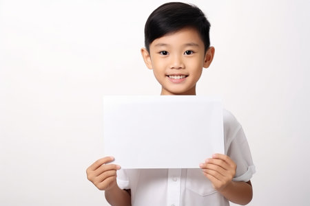 Happy asian Scholl boy holding blank white banner sign, isolated studio portraitの素材