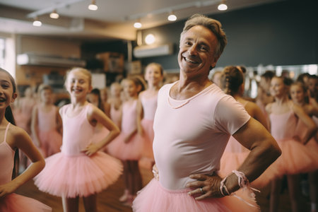 Man wearing pink tutu skirt and having fun ballet class with girls on the background ballet classの素材