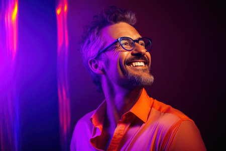 man with glasses and purple dress on purple background smiling, in the style of neon and fluorescent light, photorealistic pasticheの素材