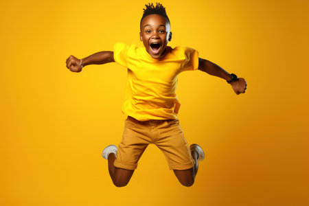 Portrait of jumping African-American teenage boy on yellow backgroundの素材