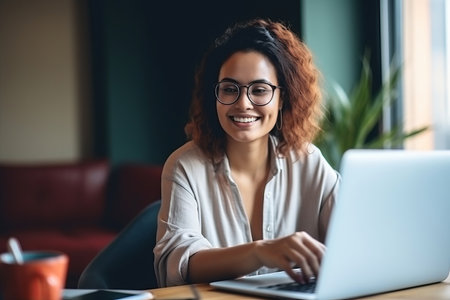 Woman having discussion or web conference chat. Work or study from home, freelance, online video conferencing, e-learning, web chat meeting, distance education, teaching online conceptの素材