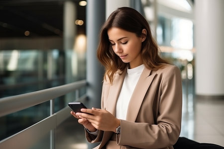 Businesswoman texting on mobile phone in office lobbyの素材