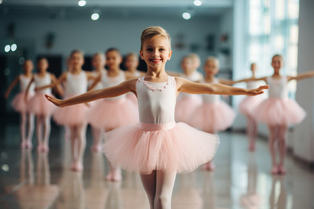 Girl wearing pink tutu skirt and having fun ballet class with girls on the background ballet classの素材