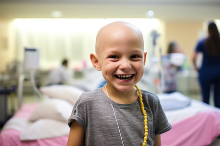 Bald boy smiling in cancer hospital bedの素材