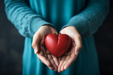 Hands gently holding a heart. This powerful symbol represents concepts such as love, compassion, care, health, and empathy, conveying a strong sense of humanity and kindnessの素材