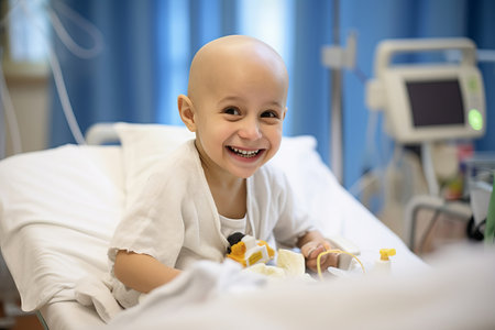 Bald boy smiling in cancer hospital bedの素材