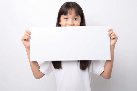 Happy asian scholl girl holding blank white banner sign, isolated studio portraitの素材