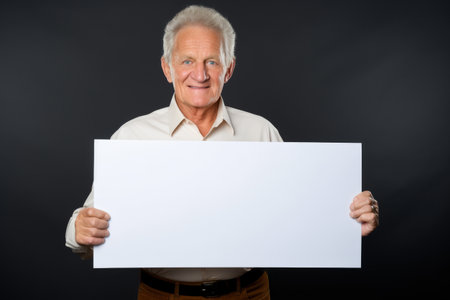 Happy mature senior man holding blank white banner sign, isolated studio portraitの素材