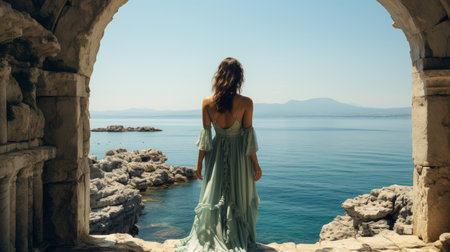 Greek goddess standing majestically against the backdrop of a blue sea and a blue skyの素材