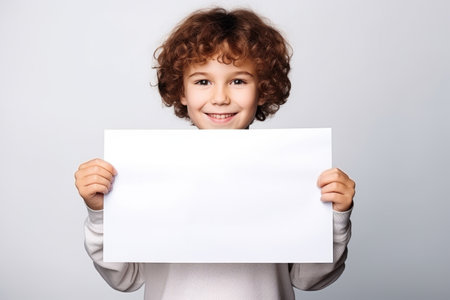 Happy Scholl boy holding blank white banner sign, isolated studio portraitの素材