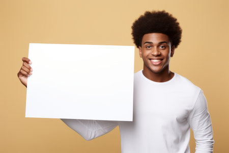 Happy young black man holding blank white banner sign, isolated studio portraitの素材