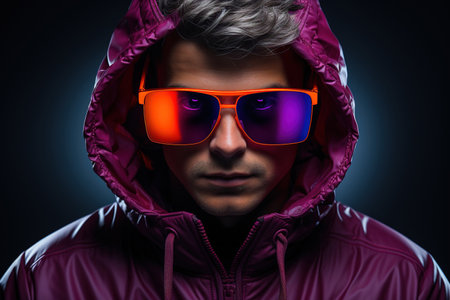 Neon portrait of young man in round sunglasses and hoodie. studio shotの素材