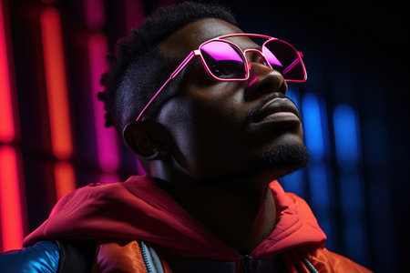 The retro wave or synth wave portrait of a young happy serious African man at studio. High Fashion male model in colorful bright neon lights posing on black background. art design conceptの素材