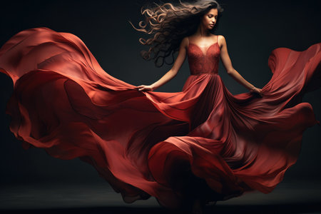 Woman in red waving dress with flying fabricの素材