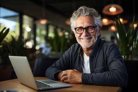 Satisfied young man with glasses sitting at a desk and doing paperwork at his workplaceの素材