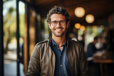 Satisfied young man with glasses sitting at a desk and doing paperwork at his workplaceの素材
