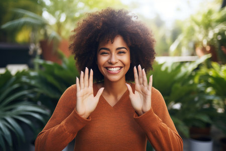Smiling beautiful woman making a heart shape with hands closeup, Pretty joyful african american woman showing heart symbol outside, Healthy lifestyle, self love and body care conceptの素材