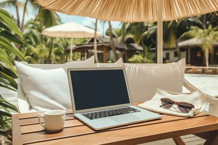 laptop outdoor on a table.の素材