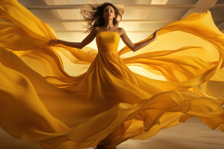 Woman in yellow waving dress with flying fabricの素材