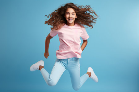 Portrait of jumping teenage girl on color blue backgroundの素材