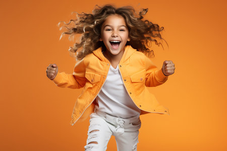 Portrait of jumping teenage girl on color backgroundの素材