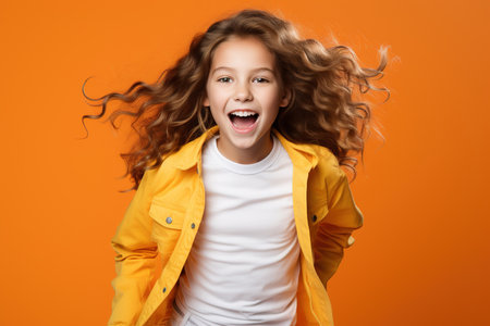 Portrait of jumping teenage girl on color backgroundの素材