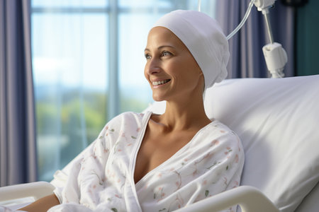 Bald mature woman smiling in cancer hospital bedの素材