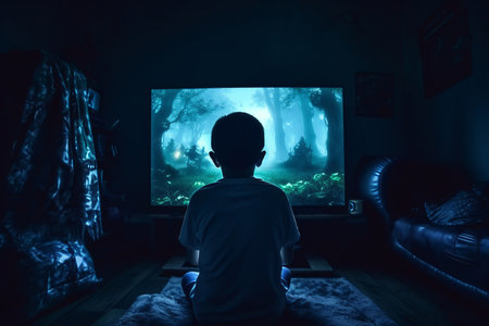 Concept of gaming addiction, featuring back view of a boy sitting in a dark room, lit by the glow of a screen. Capturing immersive nature of excessive gaming and its potential risksの素材