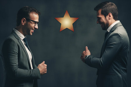 Customer evaluation feedback men in suit Giving Positive Review for Clients Satisfactionの素材