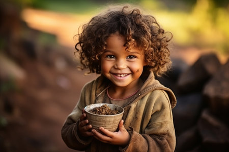 Drought, lack of water problem. Laughing child in Africa close-up with mug of waterの素材