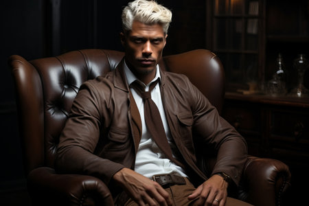 dark-skinned handsome guy with white hair and blue eyes standing on a dark background with a serious facial expression in brown clothesの素材