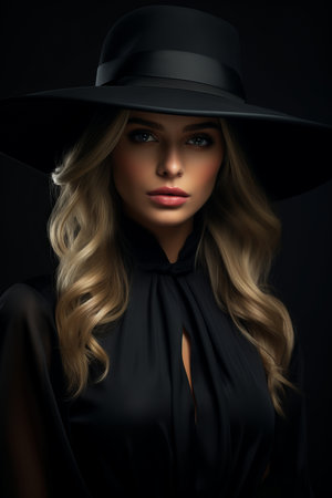 Dramatic dark studio portrait of elegant and sexy young woman in black wide hat and black dressの素材