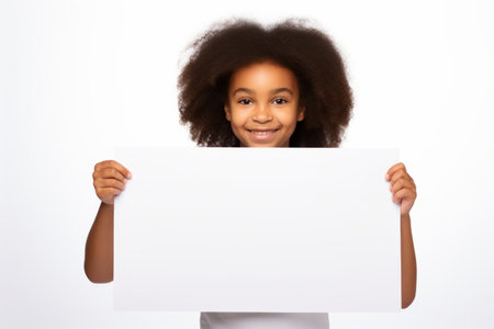 Happy black scholl girl holding blank white banner sign, isolated studio portraitの素材
