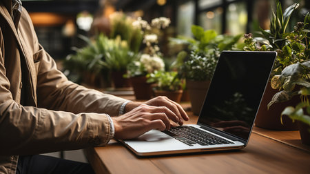 Young man using laptop computer with blank empty mockup screen. business man working at home. Freelance, student lifestyle, e-learning, shopping online, website, technology conceptの素材