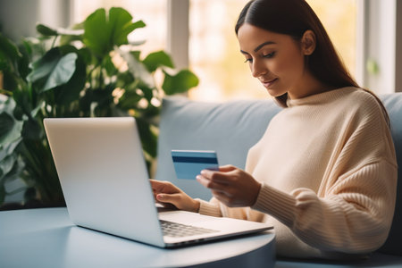 Young woman holding credit card and using laptop computer at home, Businesswoman or entrepreneur working, Online shopping, e-commerce, internet banking, spending money conceptの素材