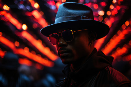 Photo of a black guy in a black hat. On a black background under neon lightの素材