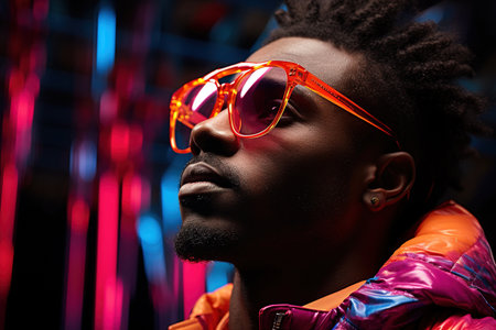 The retro wave or synth wave portrait of a young happy serious African man at studio. High Fashion male model in colorful bright neon lights posing on black background. art design conceptの素材