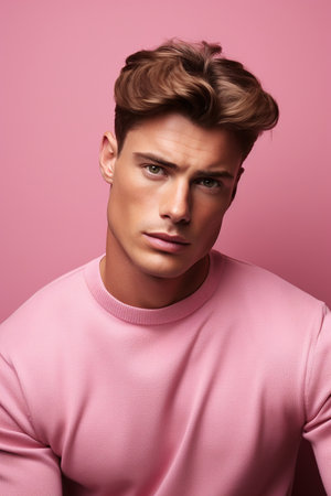 Portrait of fashion caucasian male model on pink backgroundの素材