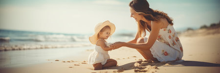 Mother and daughter playing on the beachの素材