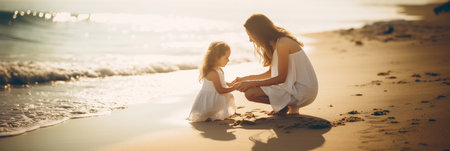 Mother and daughter playing on the beachの素材