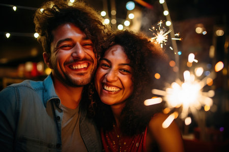 Pair of smiling, fun-loving friends celebrate and have a blast with sparklers and bengal lights in a party-ready studio settingの素材
