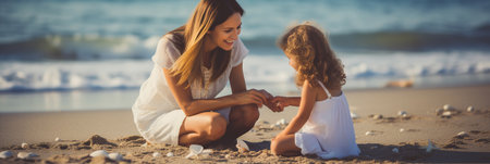 Mother and daughter playing on the beachの素材