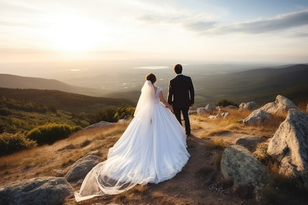 Newly Wedded Bride Groom in mountains. Wedding Day Ceremonyの素材