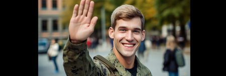 Happy serviceman waving his hand on his homecomingの素材