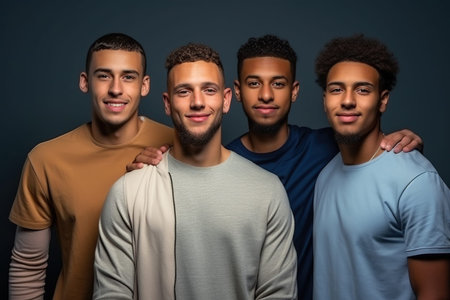 Group of diverse young men with glowing skin standing together in a studioの素材
